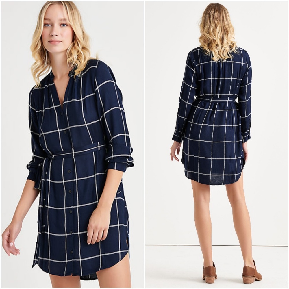 Lucky Brand Navy Blue White Plaid Tie Shirt Dress - Picture 2 of 8